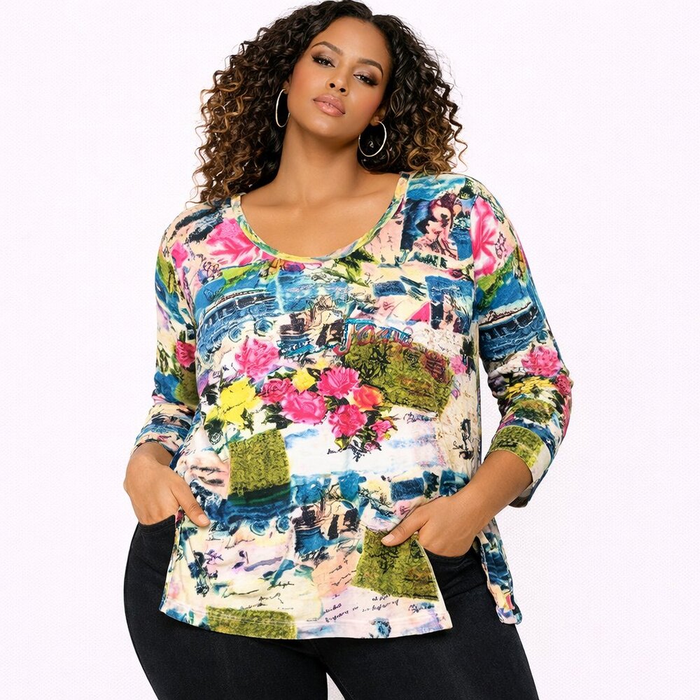 Jane Ashley Multicolor Landscape Print Scoop Neck Blouse Size 2X